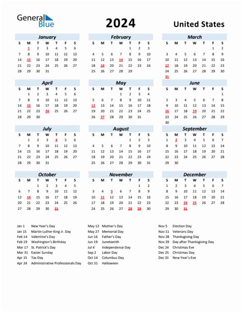 日历|Calendar for Year 2024 (United States)